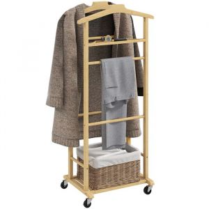 Homcom Valet de chambre à roulettes, portant à vêtements en bambou avec double cintre intégré, tige à pantalons, plateau à accessoires et étagère, porte-manteaux pour chambre, buanderie, bois naturel