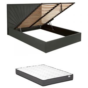 Image de Lit coffre 160 x 200 cm - Velours - Gris + Matelas - RILIODA