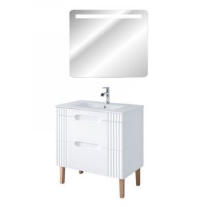 AC-Déco Meuble à poser avec vasque à encastrer 80 cm à poser + miroir LED Oceanie White