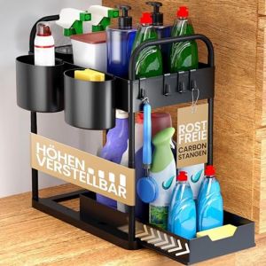 HELDENWERK Etag&egrave;re d'&eacute;vier pour meuble bas d'&eacute;vier, r&eacute;glable en hauteur sur 2 niveaux en noir, rangement de cuisine, meuble bas, &eacute;tag&egrave;re &agrave; &eacute;pices, rangement de meuble bas d'&eacute;vier