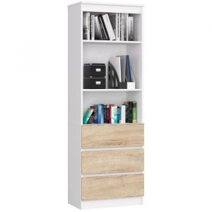 Biblioth&egrave;que de bureau Akord R60 Blanche 60 cm 3 tiroirs fa&ccedil;ade Ch&ecirc;ne Sonoma 3 &eacute;tag&egrave;res 60x35x180 cm