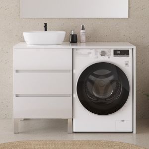 Meuble lave linge 124cm avec plateau et vasque arrondie - sans miroir - 3 tiroirs - blanc - CRUZ