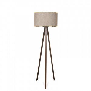 Menzzo Lampadaire Tympanum trépied Bois Marron et Tissu Beige et Or