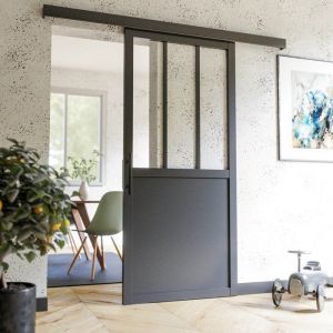 Kit porte coulissante en MDF Atelier vitrée noire 204x83cm