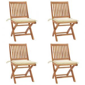 VidaXL Lot de quatre chaises de jardin pliantes en teck massif avec coussins couleur crème