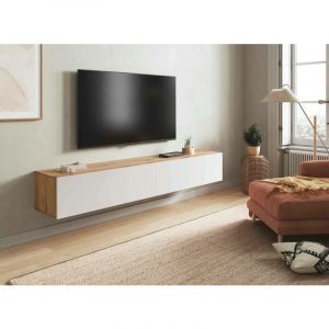 Dmora - Meuble TV Vincennes, Meuble TV avec 2 portes, Meuble de salon suspendu, 180x35h28 cm, Chêne Node et blanc brillant, avec emballage renforcé