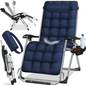 Chaise longue pliable avec porte-boisson Chaise de jardin avec coussin Chaise longue Extra large Chaise longue de jardin Dossier réglable Bleu Marine