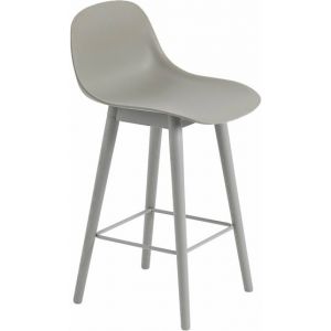 Muuto Tabouret haut - FIBER BAR STOOL Avec dossier pieds bois H65 Coque fibres de bois et plastique, Piètement chêne laqué Gris L 42,5 x P 44,5 x H 87,5 cm