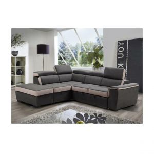 Image de Canap&eacute; d'angle convertible en tissu avec pouf DAYO Angle gauc Anthracite et bandes beige