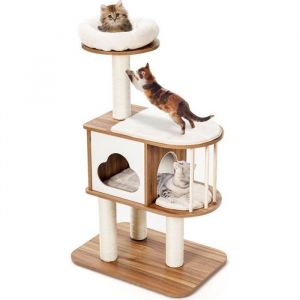 GOPLUS Arbre d'Activités pour Chat,Plate-Forme de Saut de Pont,Cadre d'escalade Chat en Bois avec Poteaux en Sisal et Coussins
