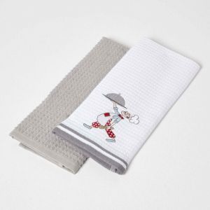 HOMESCAPES Lot de 2 torchons nid d&rsquo;Abeille en Coton Gris, Linge de Table et de Cuisine brod&eacute; Chef
