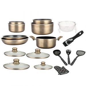 Batterie de cuisine - lot de casserole induction - set casserole et poele tous feux - set de cuisine de 17 éléments « spécial cuisson » avec casseroles et poêles revêtement marbre et poignée amovible