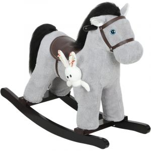 Cheval &agrave; bascule pour enfants - AIYAPLAY - effet sonore, poign&eacute;e et poup&eacute;e - peluche - 71 x 26 x 55 cm - gris