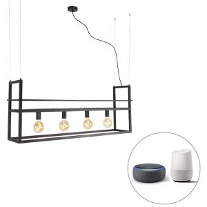 Qazqa Lampe suspendue intelligente noire avec crémaillère grande 4 lumières avec Wifi G95 - Cage Rack