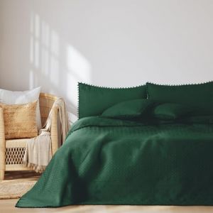AmeliaHome Couvre-lit avec Pompons 170 x 210 cm - Couvre-lit matelassé ultrasonique - Polyester - Vert foncé