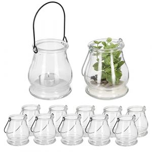 Relaxdays Lot de 12 photophores &agrave; Suspendre, en Verre, avec Anse, pour int&eacute;rieur & ext&eacute;rieur, HxD 10x8,5 cm, Transparent