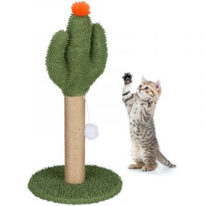 Relaxdays Griffoir pour Chat en Forme de Cactus, HxD : env. 59x31 cm, Tronc à gratter en Lin, avec Balle, Multicolore