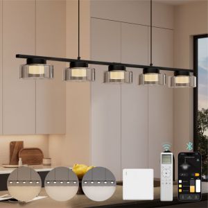 Lustre Suspension &Eacute;clairage Int&eacute;rieur de Plafond led Noir Hauteur Ajustable Lustre Chambre Salon Trois Temp&eacute;ratures de Couleur 118.5&times;100CM LED55W