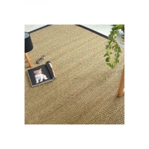 Image de Décoweb Tapis Jonc de mer Assam chevron ganse coton noire (140 x 200 cm)