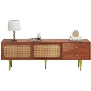 Modernluxe - Meuble tv 160cm avec 2 portes coulissantes en rotin et 2 tiroirs utilitaires, meuble de rangement pour salon avec &eacute;tag&egrave;re amovible,