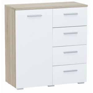 Matkam - Buffet avec 1 porte et 4 tiroirs Blanc / Sonoma - Meuble de Rangement Style contemporain - 80 x 35 x 84.5 cm