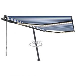 VidaXL Store stationnaire automatique avec LED et capteur de vent avec tissu polyester rayé bleu et blanc 450x350 cm