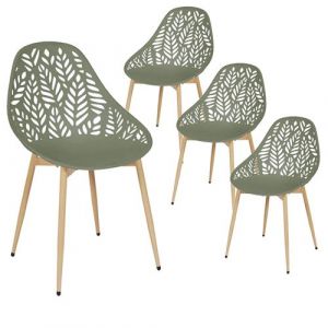 SAYA - Lot de 4 Chaises de Jardin Coque Plastique Ajourée Vert Olive Pieds Métal - Altobuy
