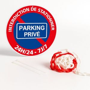 Signaletique.biz France - Panneau parking privé interdiction de stationner 24h/24 7j/7 disque rigide prépercé avec chaine plastique rouge/blanc avec