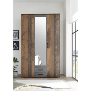 Emob Armoire Ellis avec 3 portes, dont une avec un miroir, et 2 tiroirs. L'armoire est réalisée en aggloméré dans un décor d'oxyde de ...