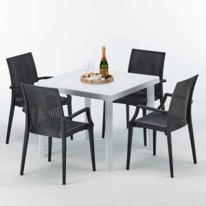 Image de Grand Soleil Table carrée et 4 chaises Poly rotin resine colorées 90x90 blanc | Bistrot Arm Anthracite noir