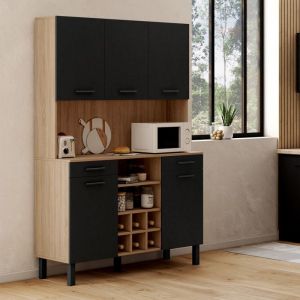 Idmarket Buffet de cuisine 120 CM CINA 5 portes + tiroirs + range-bouteilles façon hêtre et noir