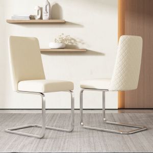 Wishdor - Lot de 2 chaises de salle à manger en velours, dossier en diamant, pieds de support en métal argenté, Beige