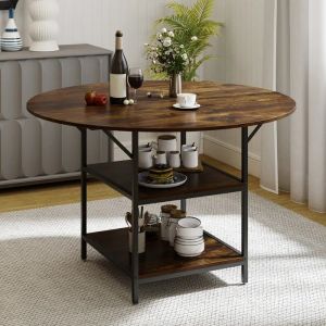 COSTWAY Table &agrave; Manger Ronde 120 x 76 cm pour 4-6 Personnes avec &Eacute;tag&egrave;re Ouverte &agrave; 2 Niveaux - Cadre M&eacute;tallique Marron