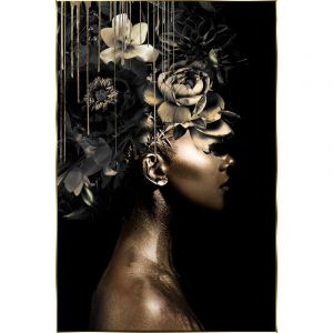 Tableau imprimé jeune fille dorée, photo en verre trempé avec cadre en bois doré - L. 80 x P. 2 x H. 120 cm - PEGANE -