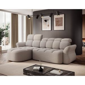 Canapé d'angle gauche convertible 4 places en tissu bouclette beige