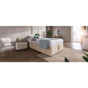 Lit coffre 90x190 cm en lin beige/naturel avec rangement hydraulique et ports USB/Type‑C int&eacute;gr&eacute;s