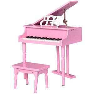 Homcom Piano à Queue Enfant en Bois 30 Touches - Tabouret et pupitre inlus - Panneaux de peuplier Rose