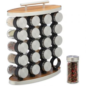 Relaxdays Lot de 20 pots &agrave; &eacute;pices avec support, embouts tamiseur, transportable, remplir, argent&eacute; et transparent