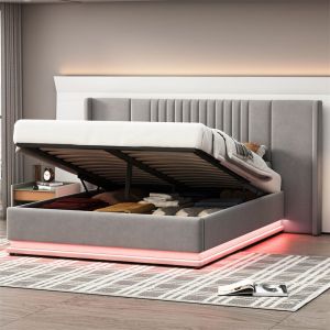Image de Lit coffre 140x200cm, lit double LED avec sommier &agrave; lattes et t&ecirc;te de lit allong&eacute;s, tissu velours, sans matelas, gris