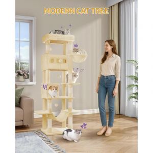 170 cm Grand Arbre &agrave; Chat, Tour &agrave; Chat pour Chats d'int&eacute;rieur, avec Grand Perchoir, Tapis Lavable, 2 Niches Chats, 8 Griffoirs, Hamac, Pompons