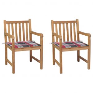 VidaXL Chaises de jardin 2 pcs avec coussins ? carreaux rouges Teck