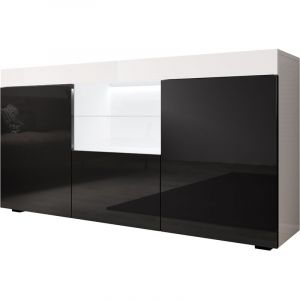 Lettiemobili - Buffet de salon bas avec led bleue 135x72x34cm Meuble de rangement Mod&egrave;le sefora Couleur Blanc avec Noir Finition Brillante