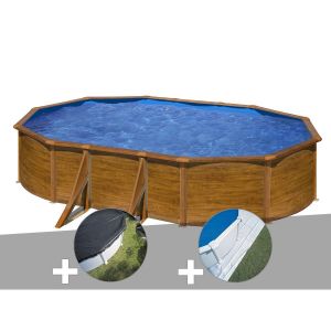 Gre Kit piscine acier aspect bois Pacific ovale 6,34 x 3,99 x 1,22 m + B&acirc;che d'hivernage + Tapis de sol