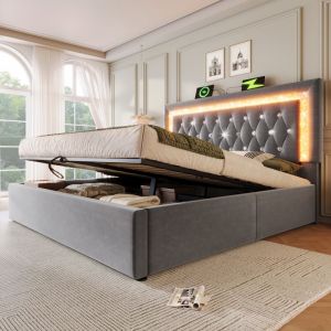 Lit coffre - lit 180x200 cm - LED diamant, USB/Type-C et sommier - velours gris - sans matelas