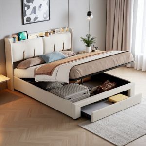 Lit Double 140x200 - Lit Coffre Hydraulique - Rangement LED - Tiroirs - Velours Blanc