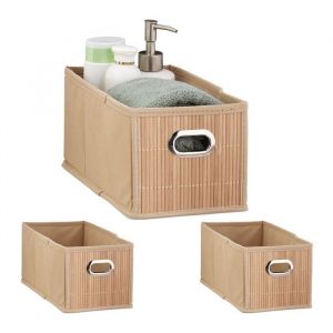 Relaxdays 3x Paniers de rangement bambou, corbeille salle de bain, carré, panière, boîte étroite, 14x15x31 cm, pliant, nature