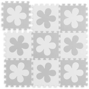 Relaxdays Tapis puzzle fleurs, 9 pièces enfants bébés, mousse EVA, sans polluants, surface 91,5 x 91,5 cm, blanc-gris