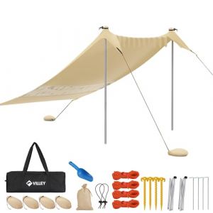 VILLEY Tente de Plage Anti-UV, UPF50+, Abris de Plage pour 3 Personnes, Lycra Tente avec 2 Pi&egrave;ces Poteaux en Aluminium et Sac de Sable pour Camping L'ext&eacute;rieur,2m x 2,4m Kaki