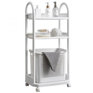 Etag&egrave;re Roulante 3 niveaux Panier &agrave; Linge Int&eacute;gr&eacute; Amovible - 4 Roulettes &agrave; freins - Plastique Blanc - Compatible toutes pi&egrave;ces - Livraison gratuite