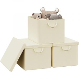 Lot de 3 Bo&icirc;te de Rangement Woltu 48x36x30 cm, avec Couvercle, Coffre de Rangement en Tissu non Tiss&eacute;, Pliable, Cr&egrave;me